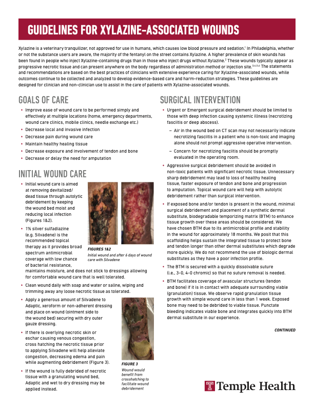 Guidelines for Xylazine-Associated Wounds by Temple Health, page 1 of 2: goals of care, initial wound care, and surgical intervention, with wound photos