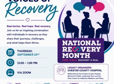 Flyer for Voices of Recovery hosted by Chester County Hospital, in honor of September being the National Recovery Month.