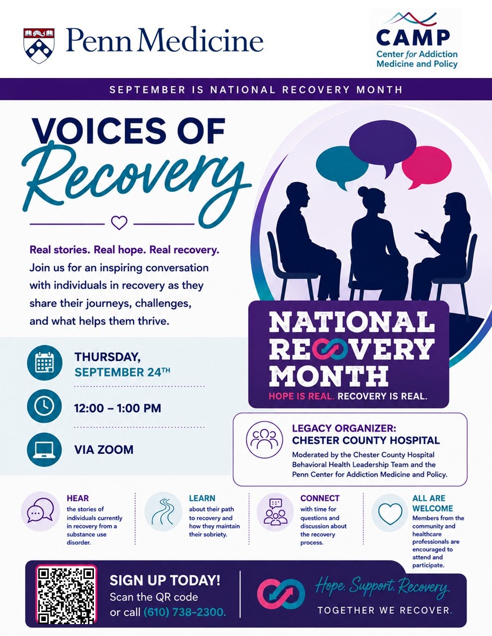 Flyer for Voices of Recovery hosted by Chester County Hospital, in honor of September being the National Recovery Month.